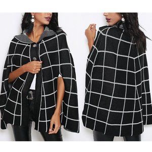 *NWT* Classic Black & White Windowpane Wool-Blend Cape Poncho - Size S